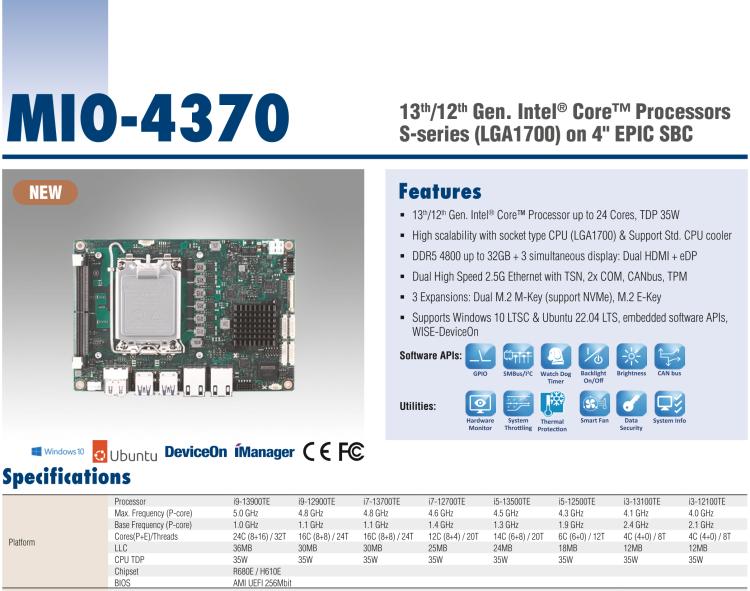 研華MIO-4370 基于第12代Intel Core處理器（Alder Lake-S系列，LGA1700 socket CPU）， 4" EPIC 單板電腦