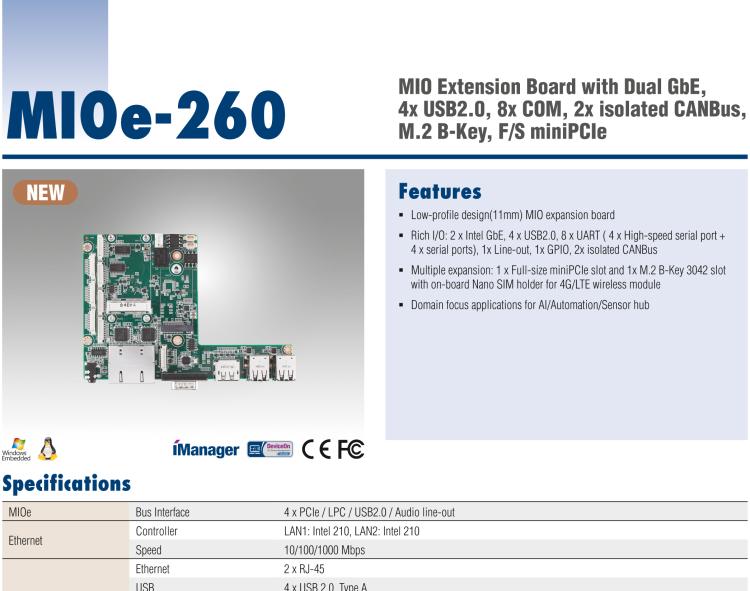 研華MIOe-260 M.2 B-key，高速 miniPCIe，雙Intel LAN，4個USB2.0、8個COM