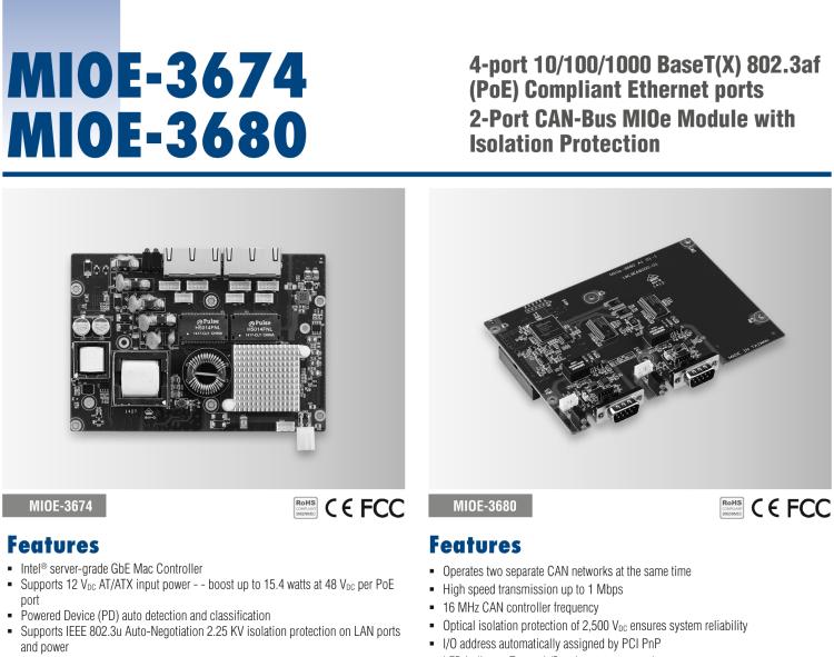 研華MIOE-3680 2路隔離CAN Bus擴展模塊