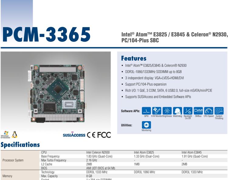 研華PCM-3365 英特爾第四代凌動(dòng)?Atom?E3825 / E3845＆賽揚(yáng)?N2930，PC / 104-Plus嵌入式主板，ISA，VGA，HDMI / DVI，LVDS，6 USB，mSATA或板載SSD