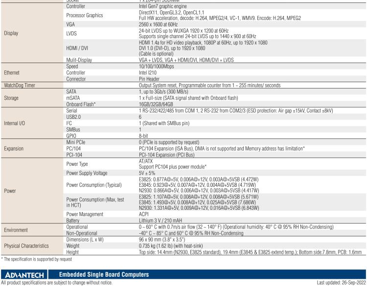 研華PCM-3365 英特爾第四代凌動(dòng)?Atom?E3825 / E3845＆賽揚(yáng)?N2930，PC / 104-Plus嵌入式主板，ISA，VGA，HDMI / DVI，LVDS，6 USB，mSATA或板載SSD