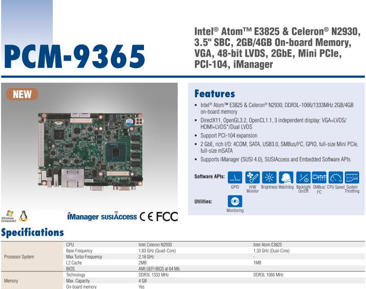 研華PCM-9365 第四代ATOM PCI-104 3.5寸主板, 搭載E3825，N2930 CPU，2GB/4GB內(nèi)存在板，VGA, 18/24-bit LVDS, 2GbE, Mini PCIe, PCI-104, iManager