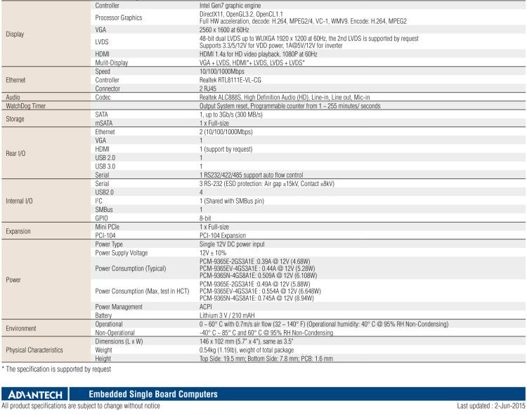 研華PCM-9365 第四代ATOM PCI-104 3.5寸主板, 搭載E3825，N2930 CPU，2GB/4GB內(nèi)存在板，VGA, 18/24-bit LVDS, 2GbE, Mini PCIe, PCI-104, iManager