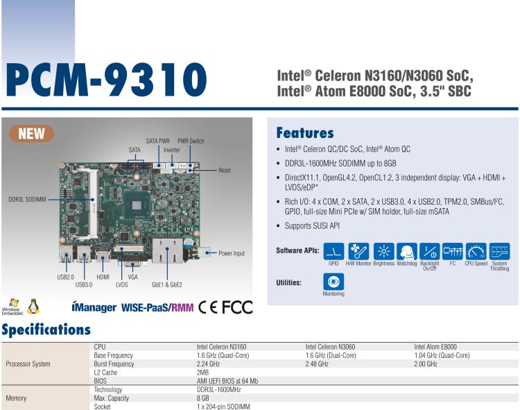 研華PCM-9310 英特爾第五代Atom?賽揚(yáng)N3160 / N3060 SoC，Intel?Atom E8000 SoC，3.5寸單板電腦，DDR3L，VGA，HDMI，48位LVDS，2GbE，Mini PCIe，mSATA，SUSI API