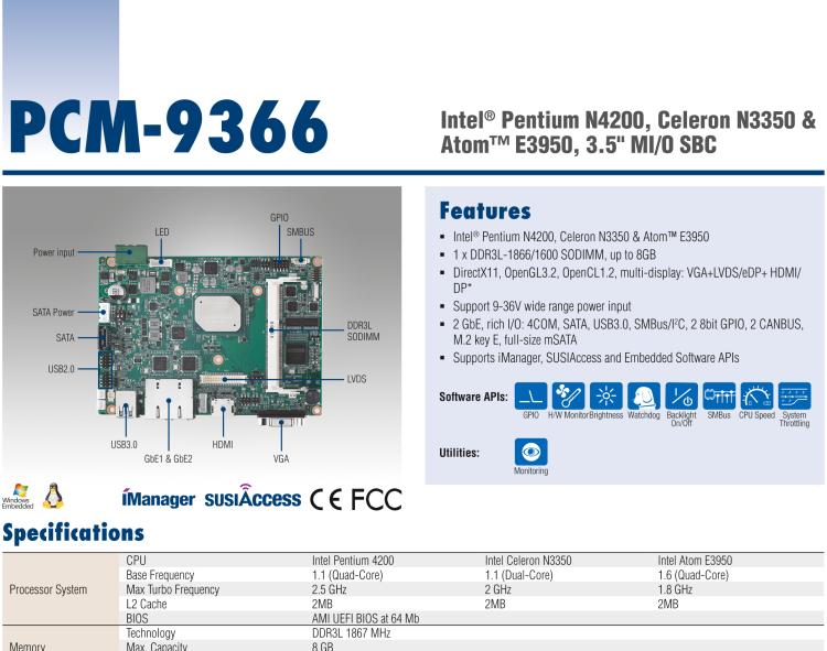 研華PCM-9366 Intel 第六代Atom?奔騰N4200賽揚N3350，3.5寸單板電腦