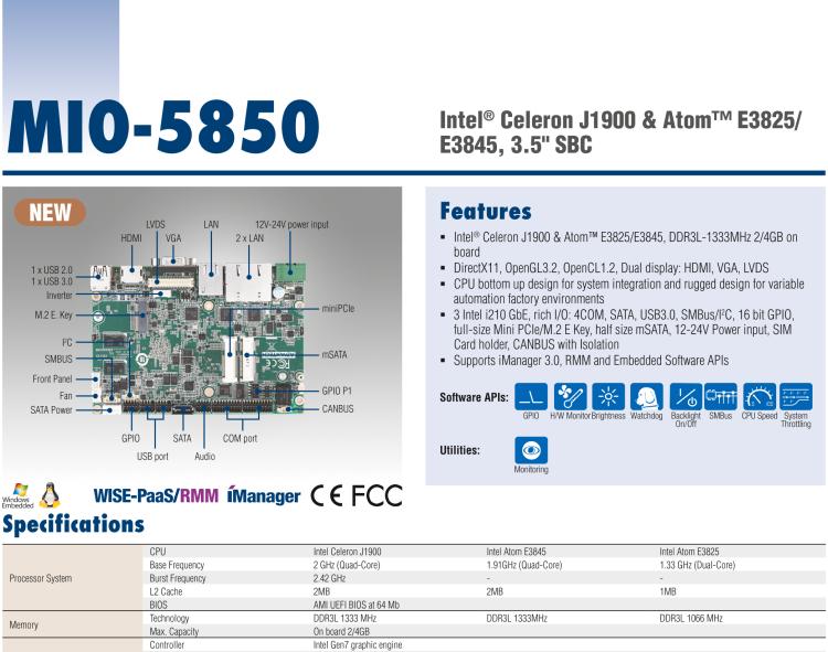 研華MIO-5850 Intel賽揚(yáng)J1900和Atom?E3825 / E3845,3.5“MI / O-Compact SBC，板載DDR3L，3GbE，iManager 3.0,16位GPIO，CANBUS，板載eMMC，12V / 24V電源輸入