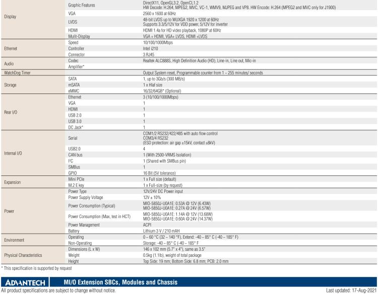 研華MIO-5850 Intel賽揚(yáng)J1900和Atom?E3825 / E3845,3.5“MI / O-Compact SBC，板載DDR3L，3GbE，iManager 3.0,16位GPIO，CANBUS，板載eMMC，12V / 24V電源輸入