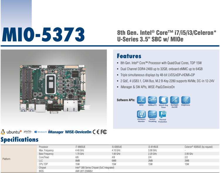 研華MIO-5373 第八代 Intel 低功耗高性能 超極本CPU 3.5寸嵌入式單板，性能提升40%