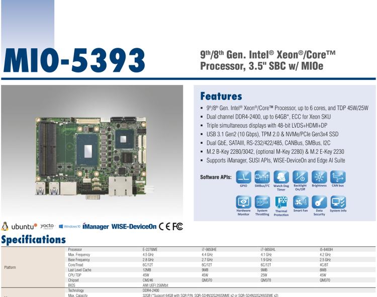 研華MIO-5393 第九代Intel 高性能筆記本CPU 3.5寸小尺寸嵌入式單板，性能提升25%，TDP 45W/25W，支持DDR4 64GB內存，2LAN, 4USB 3.1，M.2 2280 Key支持NVMe，-40-85℃寬溫