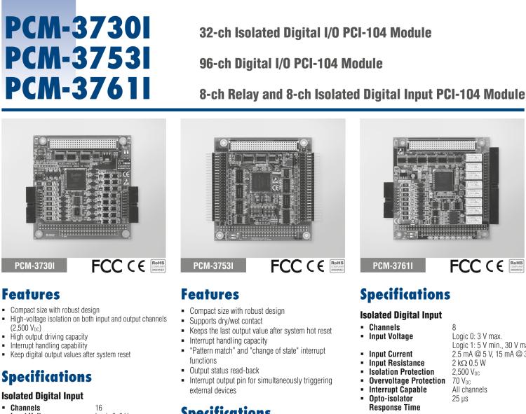 研華PCM-3730I PCI-104，2通,32通道隔離數(shù)字輸入/輸出卡