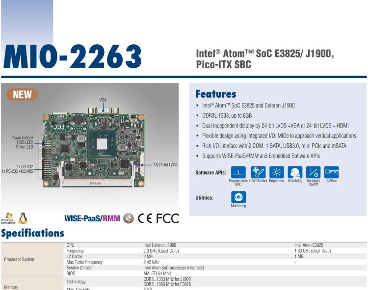 研華MIO-2263 2.5寸Pico-ITX主板，搭載Intel? Atom? SoC E3825/ J1900處理器的2.5寸Pico-ITX單板電腦，采用DDR3L內(nèi)存，支持24-bit LVDS + VGA/HDMI獨(dú)立雙顯，帶有豐富I/O接口：1個(gè)GbE、半長Mini PCIe、4個(gè)USB、2個(gè)COM、SMBus、mSATA & MIOe