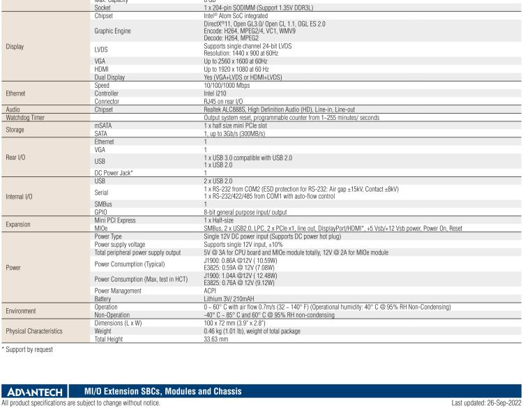 研華MIO-2263 2.5寸Pico-ITX主板，搭載Intel? Atom? SoC E3825/ J1900處理器的2.5寸Pico-ITX單板電腦，采用DDR3L內(nèi)存，支持24-bit LVDS + VGA/HDMI獨(dú)立雙顯，帶有豐富I/O接口：1個(gè)GbE、半長Mini PCIe、4個(gè)USB、2個(gè)COM、SMBus、mSATA & MIOe