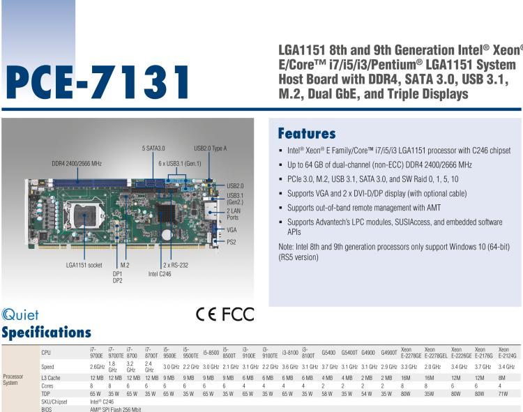 研華PCE-7131 LGA1151第八代Intel? Xeon? E/Core? i7/i5/i3/Pentium? LGA1151 系統(tǒng)主板 帶DDR4, SATA 3.0, USB 3.1, M.2, 雙GbE和三顯