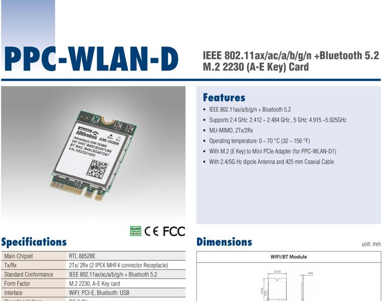 研華PPC-WLAN-D IEEE 802.11ax/ac/a/b/g/n +Bluetooth 5.2 M.2 2230 (A-E Key) Card