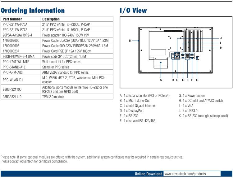 研華PPC-3211W 21.5" 寬屏無風(fēng)扇工業(yè)平板電腦, 搭載 Intel? Core? i5-7300U 處理器