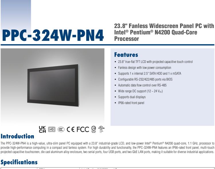 研華PPC-324W-PN40B 23.8" 寬屏無風(fēng)扇工業(yè)平板電腦, 搭載Intel? Pentium? N4200 四核心處理器