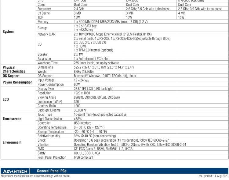 研華PPC-324W-P7 23.8" 寬屏無風(fēng)扇工業(yè)平板電腦 Intel? Core? i 處理器