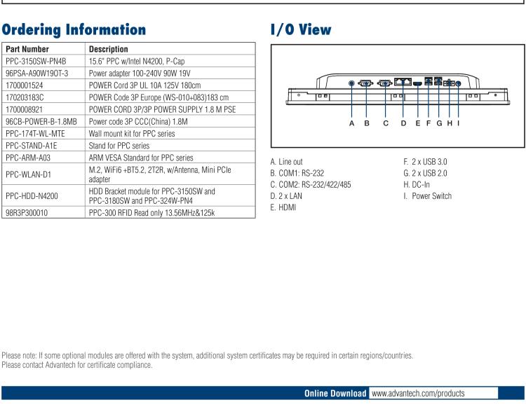 研華PPC-3150SW 15.6" 寬屏無風扇工業(yè)平板電腦，搭載 Intel? Pentium? N4200 四核心處理器