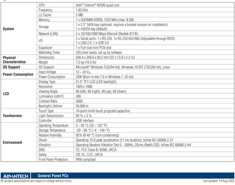 研華PPC-3210SW 21.5"無風扇工業(yè)平板電腦, 搭載 Intel? Celeron? N2930 處理器