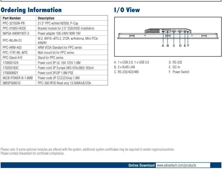 研華PPC-3210SW 21.5"無風扇工業(yè)平板電腦, 搭載 Intel? Celeron? N2930 處理器