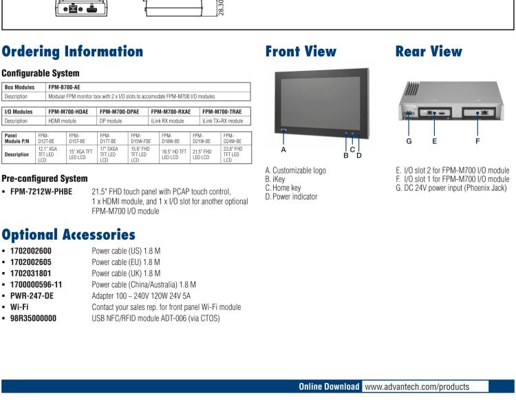 研華FPM-7212W 模組化工業(yè)顯示器，21.5” Full HD/18.5” HD/17” SXGA/15” XGA/12” XGA 液晶顯示器