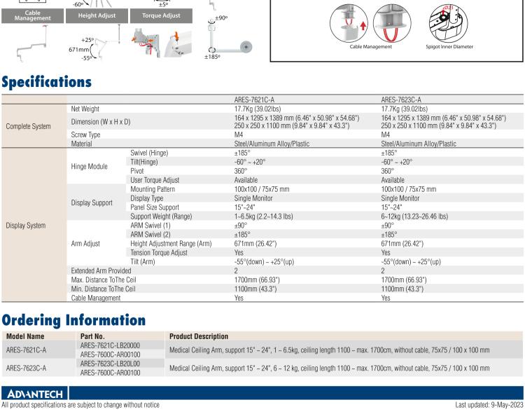 研華ARES-7623C Bundled with ARES-7600C, ARES-7623C provides a medical-grade ceiling long-reach arm that can be used with bedside PIT (with a load of 6~12 kg).