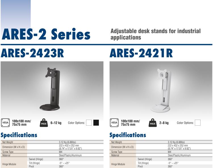 研華ARES-2424X ARES-2424X is a desk stand compatible with 75x75 mm / 100x100 mm VESA patterns. It can tilt -2° (down) ~ +180° (up) and screens up to 21.5"