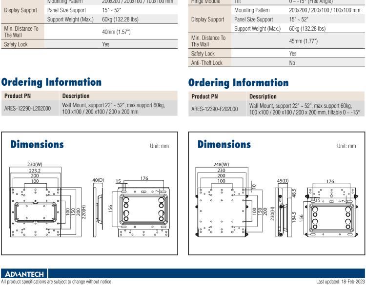 研華ARES-12240 ARES-12240 is a tiltable and swivelable wall mount with 75x75 mm/ 100x100 mm VESA standard holes. It supports a weight of 2~10kg and screens up to 32"