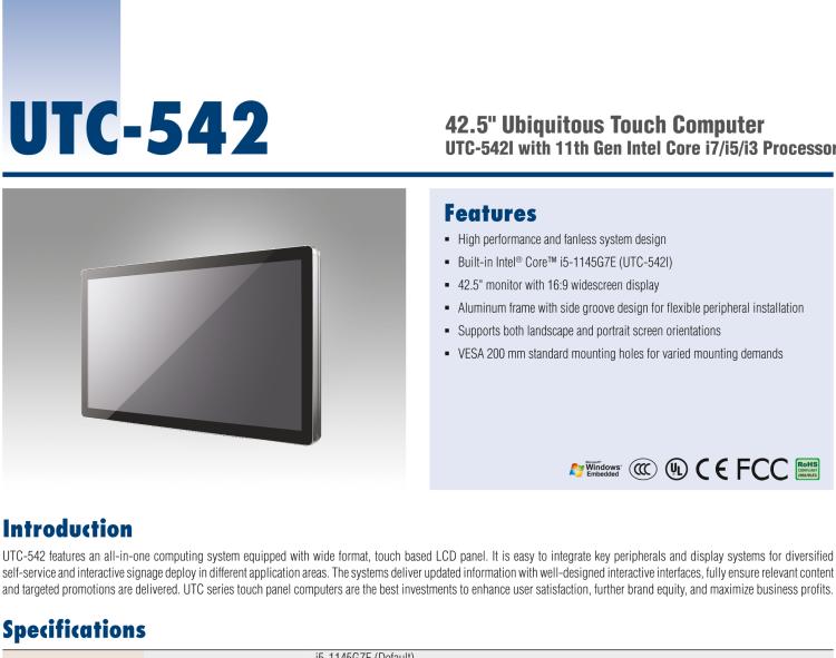 研華UTC-542I 42.5" Ubiquitous Touch Computer with 11th Gen Intel Core i7/i5/i3 Processor