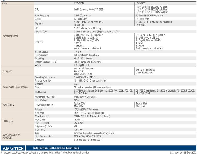 研華UTC-515D 15.6" 多功能觸控一體機，內(nèi)置英特爾? BayTrail J1900，可附接豐富的外圍設(shè)備