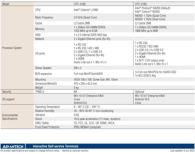 研華UTC-318G 18.5" 多功能觸控一體機, 內置 Intel? Pentium? N4200/Celeron? N3350 處理器