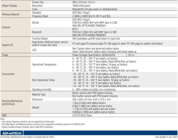 研華EPD-660 13.3"電子紙解決方案，Wi-Fi，用于醫(yī)院床邊卡和智能建筑標(biāo)牌。