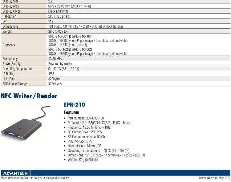 研華EPD-210 2.9" 電子紙解決方案，NFC、無(wú)電池，用于倉(cāng)庫(kù)、物流箱和名片。