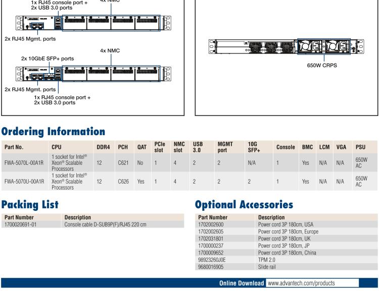 研華FWA-5070 基于Intel?Xeon?處理器可擴展系列1U機架式網(wǎng)絡(luò)應(yīng)用平臺，最高支持4個NMC插槽