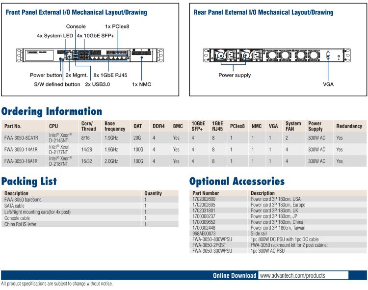 研華FWA-3050 基于Intel?Xeon D-2100系列處理器，用于uCPE和下一代防火墻的遠(yuǎn)程可管理1U網(wǎng)絡(luò)應(yīng)用平臺(tái)