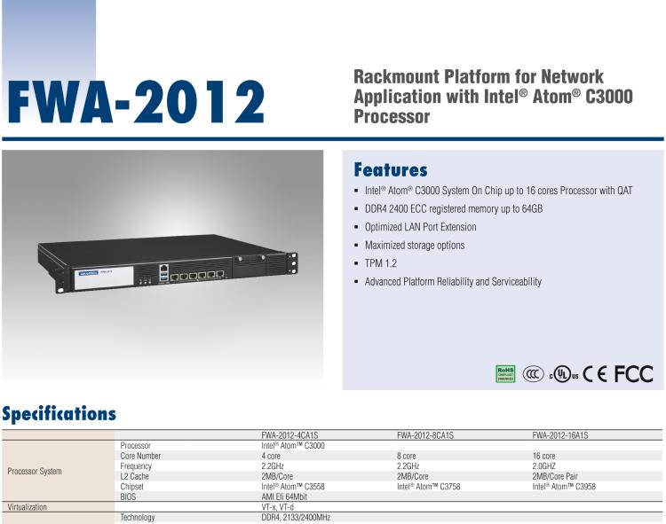 研華FWA-2012 基于Intel?Atom?C3000處理器的網(wǎng)絡(luò)應(yīng)用程序機架安裝平臺