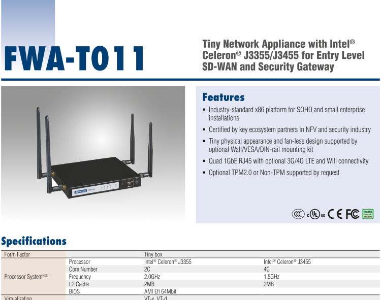 研華FWA-T011 基于Intel? Celeron? N3350/J3455 入門級(jí)SD-WAN，安全網(wǎng)關(guān)微型網(wǎng)絡(luò)應(yīng)用平臺(tái)