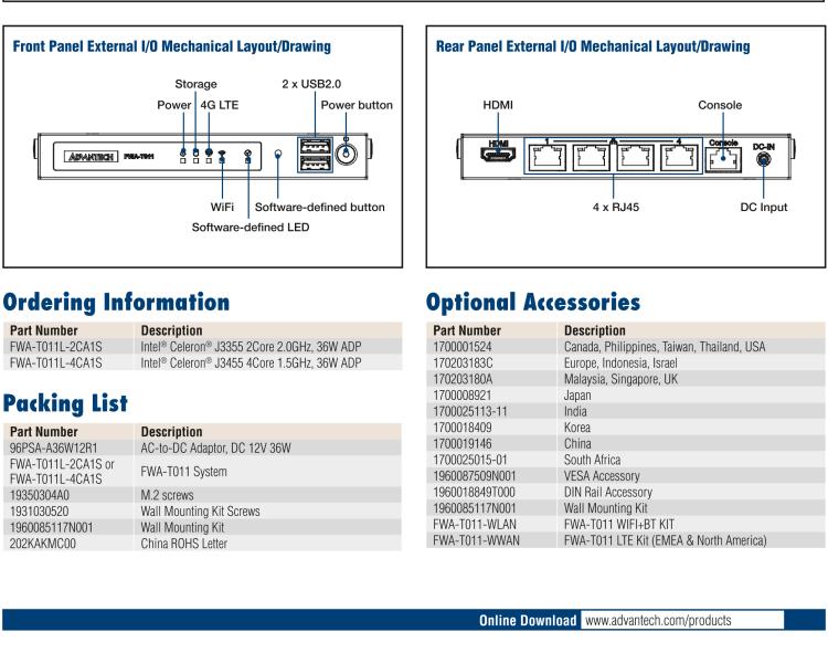 研華FWA-T011 基于Intel? Celeron? N3350/J3455 入門級(jí)SD-WAN，安全網(wǎng)關(guān)微型網(wǎng)絡(luò)應(yīng)用平臺(tái)