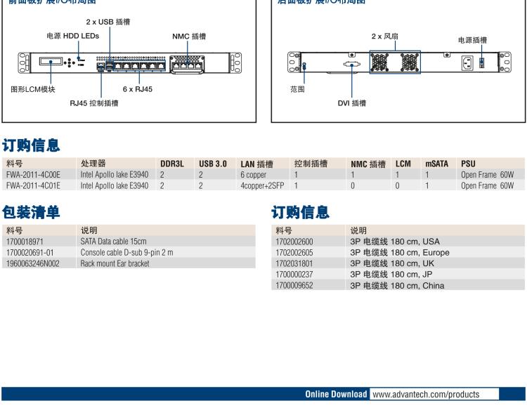 研華FWA-2011 基于 Intel? Atom? X5-E3930& 3940 系列 處理器1U機架式網絡應用平臺