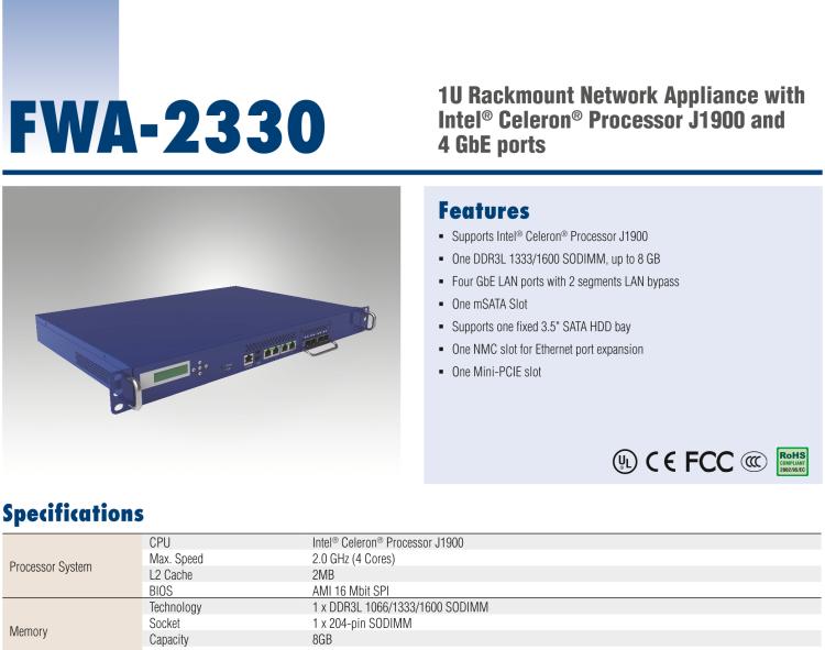 研華FWA-2330 基于Intel? Bay trail-D/M 系列處理器 1U機(jī)架式網(wǎng)絡(luò)應(yīng)用平臺(tái)