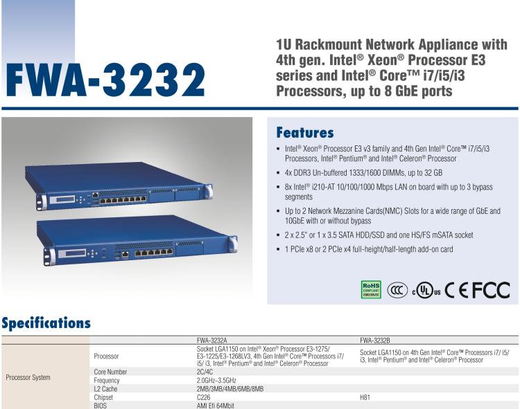 研華FWA-3232 基于Intel? Haswell XeonTM E3/CoreTM/ PentiumTM/CeleronTM系列處理器 1U機(jī)架式網(wǎng)絡(luò)應(yīng)用平臺