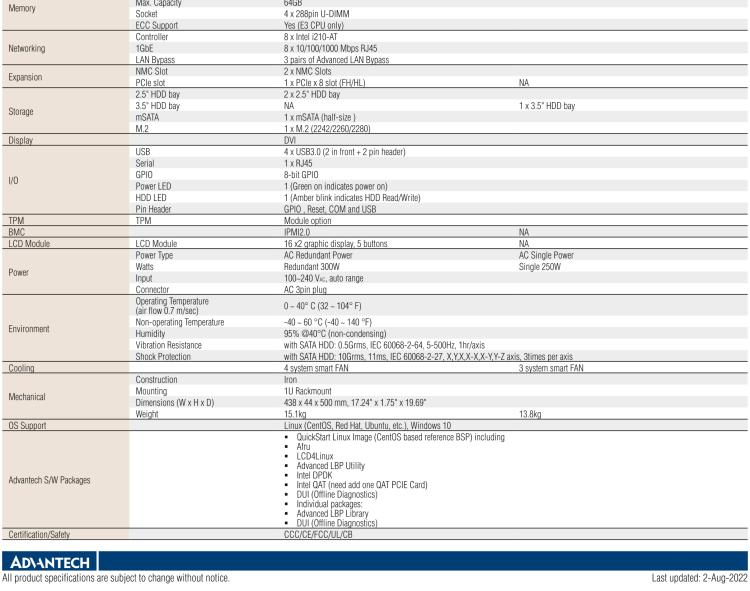 研華FWA-3270R 1U Rackmount Platform for Network Appliance with Intel? Xeon E3 series and 6th/7th Gen Intel Core i7/i5/i3 Processor, 2NMC slots