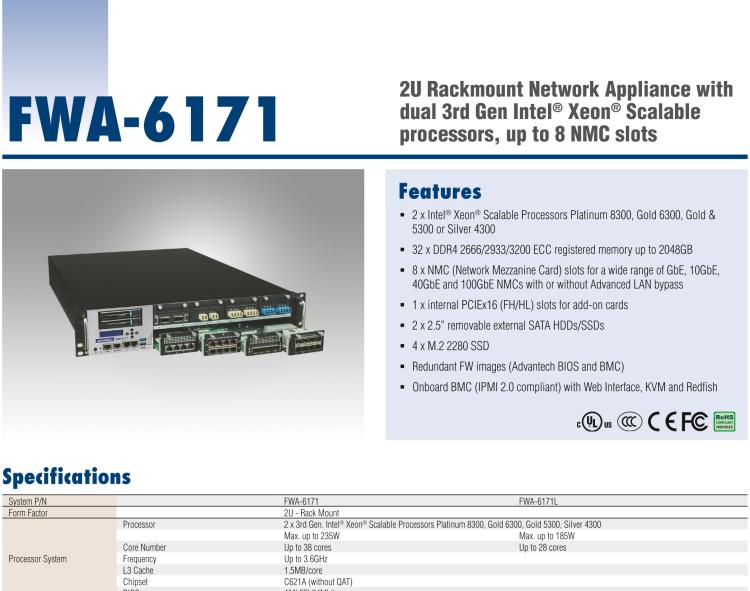 研華FWA-6171 2U Rackmount Network Appliance with dual 3rd Gen Intel? Xeon? Scalable processors, up to 8 NMC slots