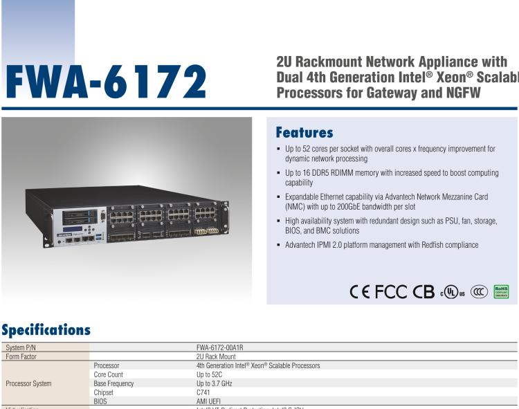 研華FWA-6172 2U Rackmount Network Appliance with Dual 4th Generation Intel? Xeon? Scalable Processors for Gateway and NGFW