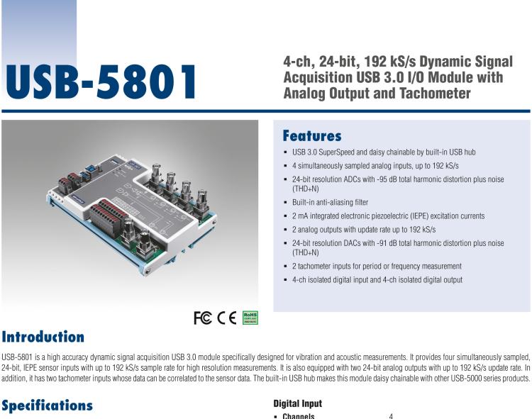 研華USB-5801 4路，24位，192 kS / s的動態(tài)信號采集USB 3.0 I / O模塊使用模擬輸出和轉(zhuǎn)速計