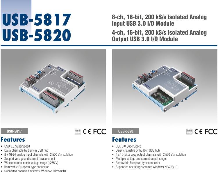 研華USB-5817 8通道，16位，200 kS / s隔離模擬輸入U(xiǎn)SB 3.0 I / O模塊