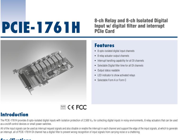 研華PCIE-1761H 8通道繼電器和8通道隔離式數(shù)字輸入，帶數(shù)字濾波器和中斷PCIe卡