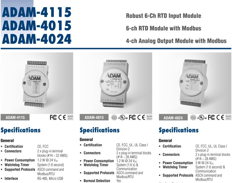 研華ADAM-4115-B ADAM-4115 6 通道 RTD 輸入模塊可接受多種 RTD 傳感器類型，包括 Pt100、Pt1000、Ni50、Ni508 和 Balco 500 系列