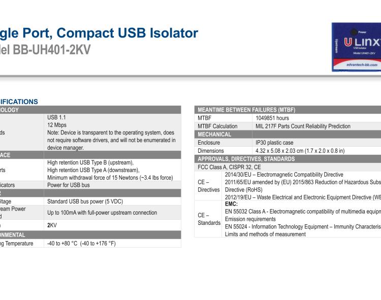 研華BB-UH401-2KV USB 2.0 2 kV隔離器，1端口，12 Mbps全速