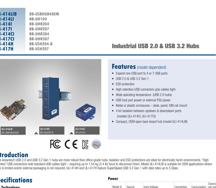 研華BB-USBHUB4OEM ULI-414LIB-工業(yè)USB 2.0集線器，4端口，高穩(wěn)固力連接器